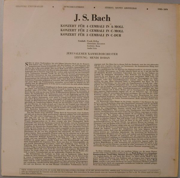 baixar álbum J S Bach, Jerusalemer Kammerorchester, Mendi Rodan - Konzert Für 4 Cembali In a moll Konzert Für 2 Cembali In c moll Konzert Für 3 Cembali In C dur