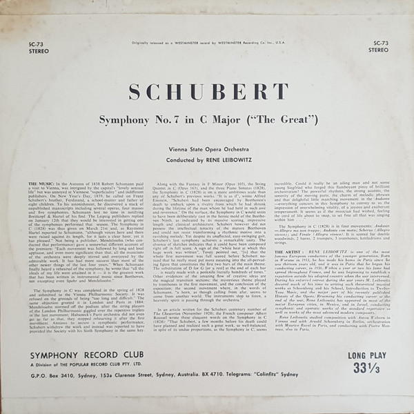 ladda ner album Schubert, Vienna State Opera Orchestra, René Leibowitz - Symphony No 7 In C Major The Great