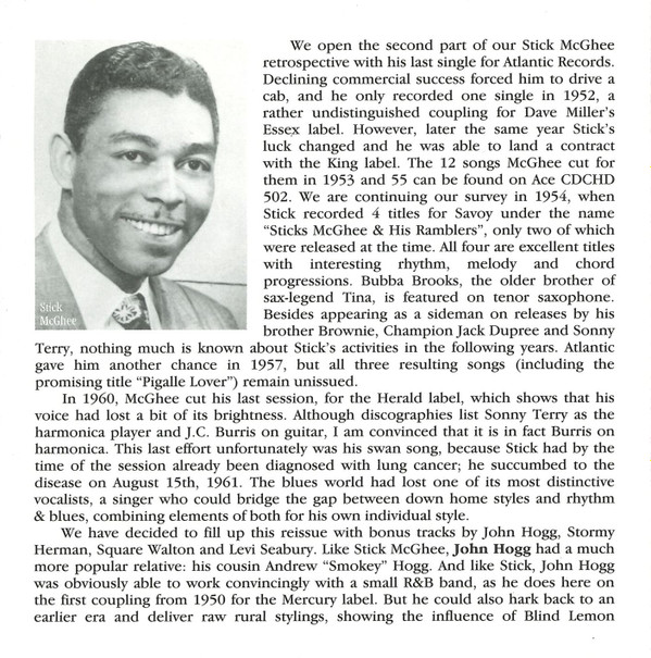 télécharger l'album Sticks McGhee - Volume 2 1951 1960 And The Complete Recorded Works Of John Hogg Stormy Herman Square Walton And Levi Seabury