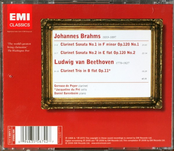 lataa albumi Brahms Beethoven Gervase de Peyer, Jacqueline Du Pré, Daniel Barenboim - Clarinet Sonatas 1 2 Clarinet Trio