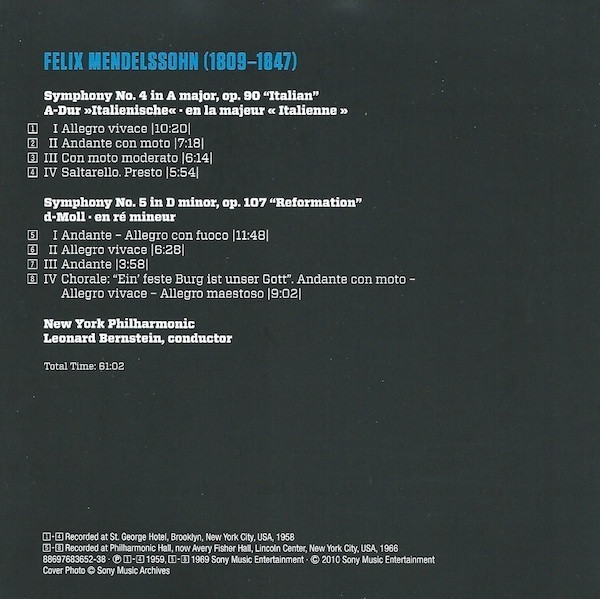 descargar álbum Felix Mendelssohn New York Philharmonic, Leonard Bernstein - Symphony No 4 Italian Symphony No 5 Reformation