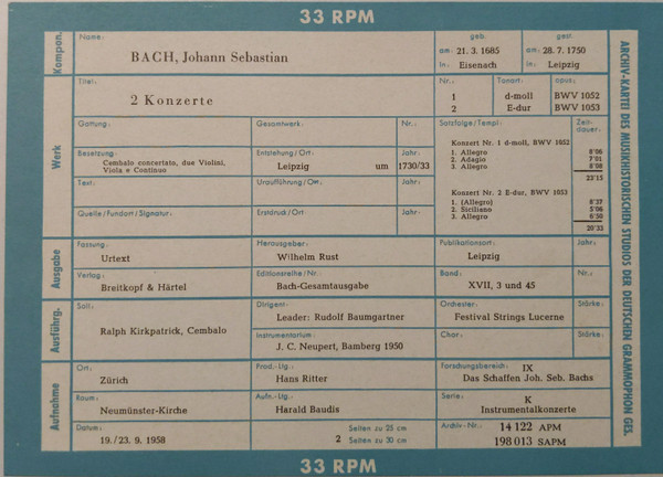 télécharger l'album Johann Sebastian Bach Ralph Kirkpatrick , Cembalo Festival Strings Lucerne , Leader Rudolf Baumgartner - Konzert Für Streicher Cembalo Und Continuo Nr 1 d moll BWV 1052 Konzert Für Streicher Cembalo Und Continuo Nr 2 E dur BWV 1053