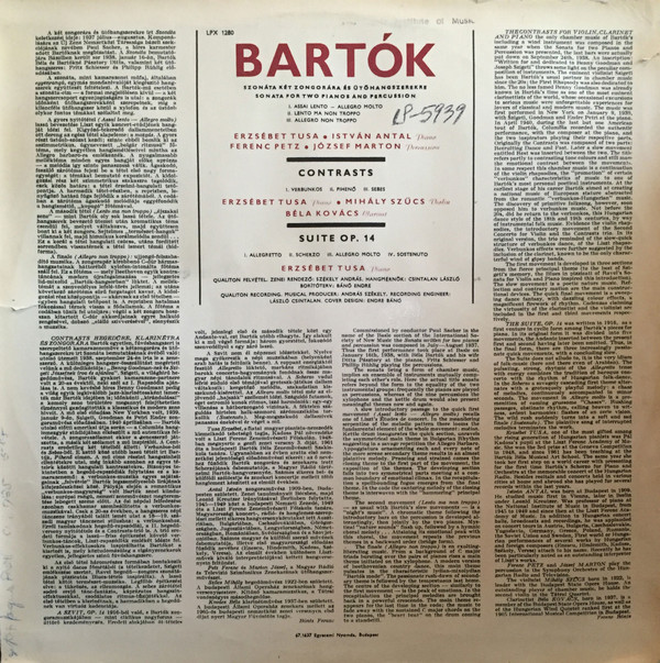 lataa albumi Bartók E Tusa I Antal, M Szűcs, Kovács Béla, F Petz J Marton - Contrasts Suite Op 14 Sonata For Two Pianos And Percussion