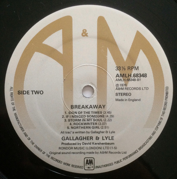 Gallagher And Lyle - Breakaway | A&M Records (AMLH 68348) - 7