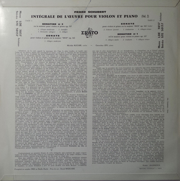 Franz Schubert , Michèle Auclair , Geneviève Joy - Intégrale De L'Œuvre Pour Violon Et Piano (Vol. 2) | Erato (LDE 3237) - 2