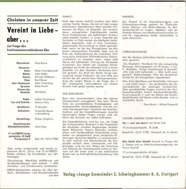 ladda ner album Theo Braun - Vereint In Liebe Aber Zur Frage Der Konfessionsverschiedenen Ehe