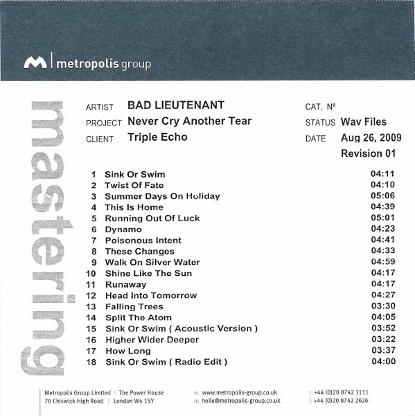 Bad Lieutenant – Never Cry Another Tear (2009, DVDr) - Discogs