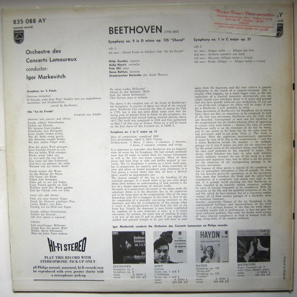 last ned album Beethoven, Orchestre Des Concerts Lamoureux, Igor Markevitch, Hilde Güden, Aafje Heynis, Heinz Rehfuss, Fritz Uhl, Oratorienchor Karlsruhe - Symphony No 9 In D Minor Choral Symphony No 1
