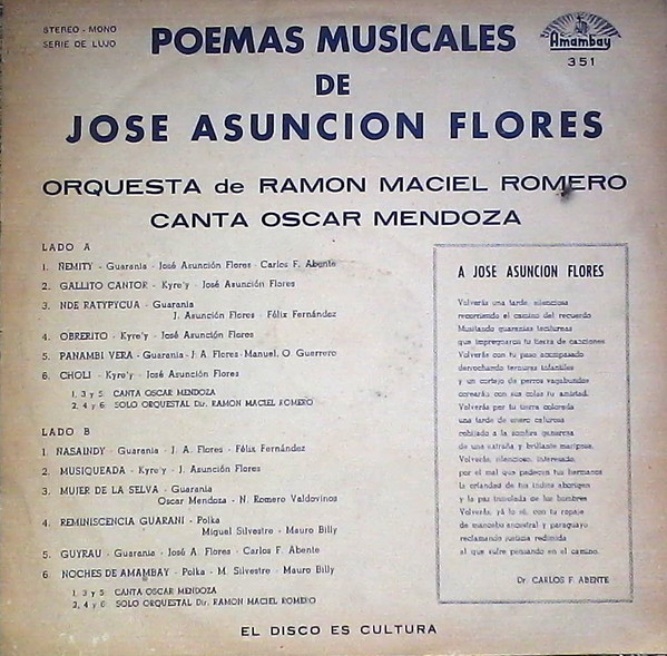 télécharger l'album José Asunción Flores Orquesta Ramón Maciel Romero Canta Oscar Mendoza - Poemas Musicales De José Asunción Flores