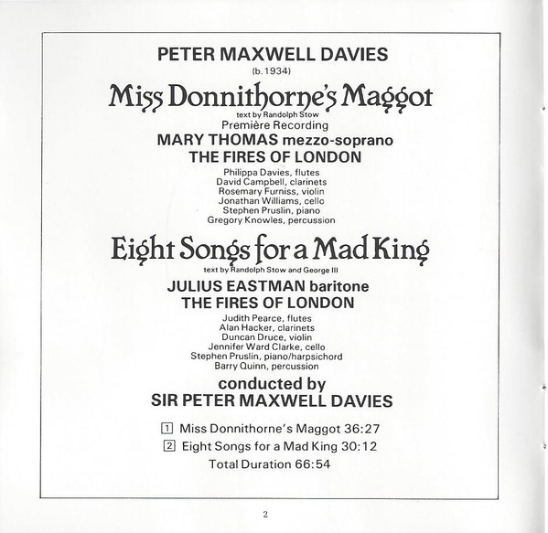 Album herunterladen Peter Maxwell Davies Mary Thomas, Julius Eastman, The Fires Of London, Sir Peter Maxwell Davies - Miss Donnithornes Maggot Eight Songs For A Mad King