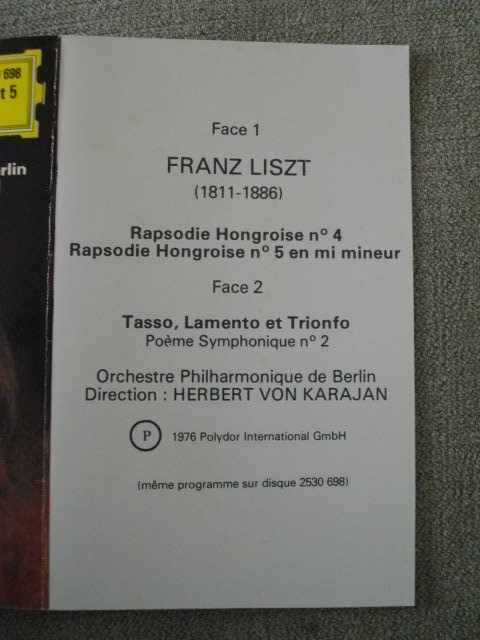 télécharger l'album Liszt Orchestre Philharmonique de Berlin Herbert von Karajan - Rapsodies Hongroises N 4 Et N 5 Tasso Lamento Et Trionfo