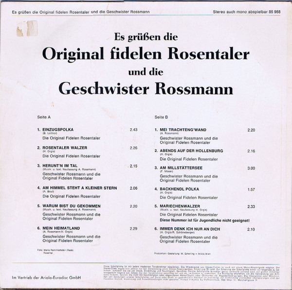 lataa albumi Die Original Fidelen Rosentaler, Geschwister Rossmann - Es Grüßen Die Original Fidelen Rosentaler Und Die Geschwister Rossmann