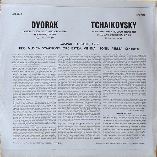 Dvorak , Tchaikovsky - Cello Concerto In B Minor, Opus 104 / Variations On A Rococo Theme, Op. 33 | VOX (APL-9360) - 2