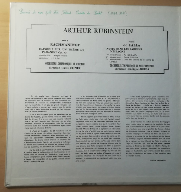 baixar álbum Rachmaninov, De Falla, Orchestre Symphonique de San Francisco, Arthur Rubinstein - Rapsodie Sur Un Thème de Paganini Op43 Nuits Dans Les Jardins Despagne