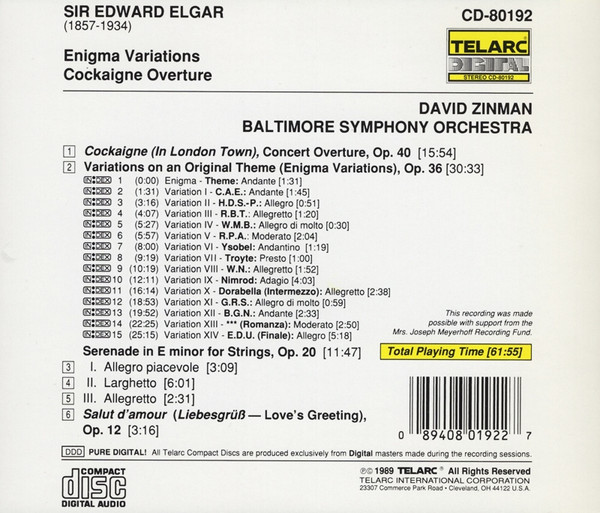 ladda ner album Elgar, Baltimore Symphony Orchestra, David Zinman - Enigma Variations Cockaigne Overture