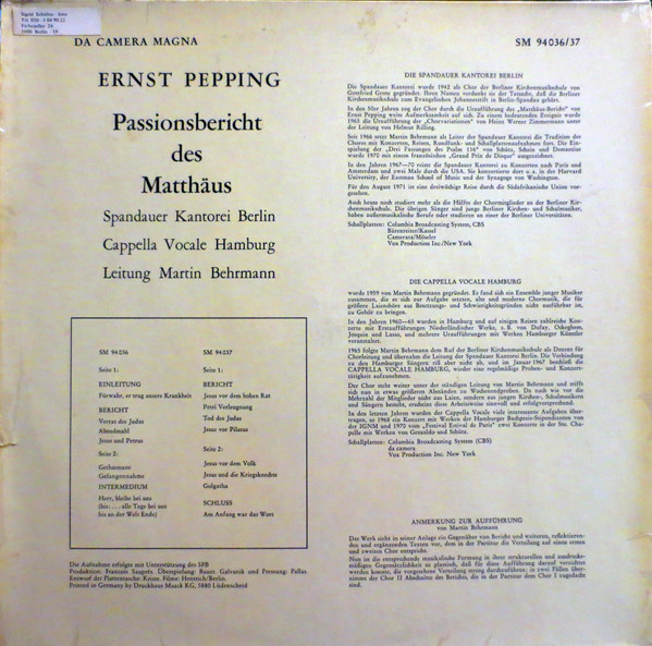 télécharger l'album Ernst Pepping Spandauer Kantorei Berlin Cappella Vocale Hamburg Martin Behrmann - Passionsbericht Des Matthäus