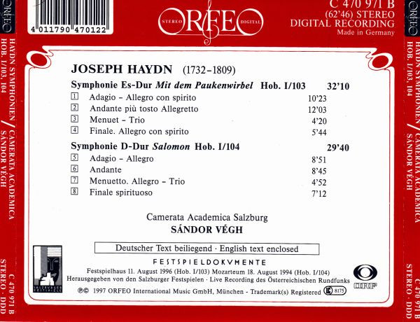 télécharger l'album Haydn Camerata Academica, Sándor Végh - Symphonien Hob I103 104