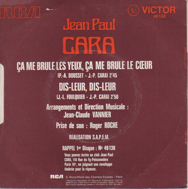Album herunterladen Jean Paul Cara - Ca Me Brûle Les Yeux Ca Me Brûle Le Coeur