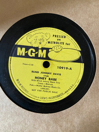 Blind Johnny Davis jazz blues 78 Honey Babe bw Telegram To My Baby on MGM