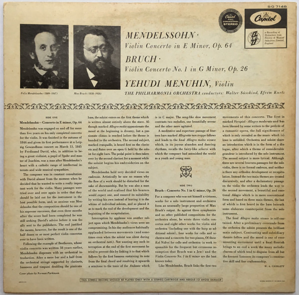 descargar álbum Mendelssohn Bruch, Yehudi Menuhin, The Philharmonia Orchestra, Walter Susskind Efrem Kurtz - Concerto In E Minor Op 64 Concerto No 1 In G Minor Op 26