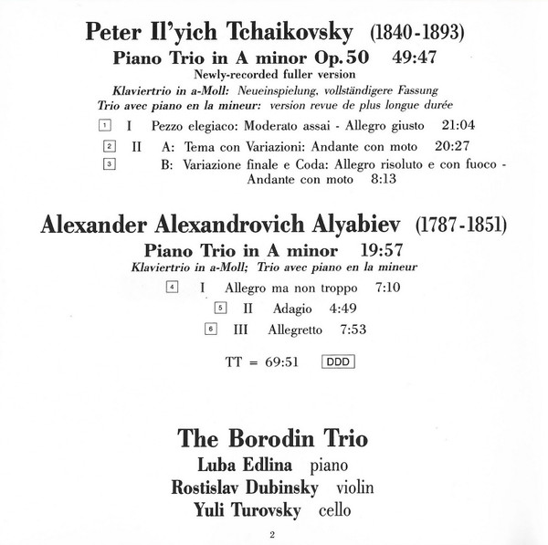 baixar álbum Tchaikovsky Alyabiev, The Borodin Trio - Piano Trio In A Minor Op 50 Piano Trio in A Minor