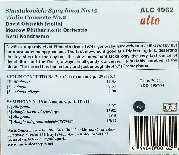last ned album Shostakovich, David Oistrakh, Moscow Philharmonic Orchestra, Kirill Kondrashin - Symphony No15 Violin Concerto No2