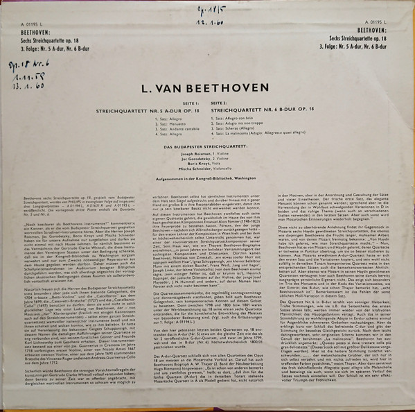 baixar álbum Beethoven Das Budapester Streichquartett - Streichquartett Nr 5 A Dur op 18 Nr 5 Streichquartett Nr 6 B Dur op 18 Nr 6