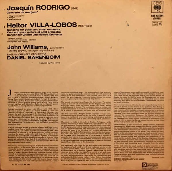 ladda ner album Rodrigo, VillaLobos, John Williams , English Chamber Orchestra, Daniel Barenboim - Concierto De Aranjuez Concerto For Guitar