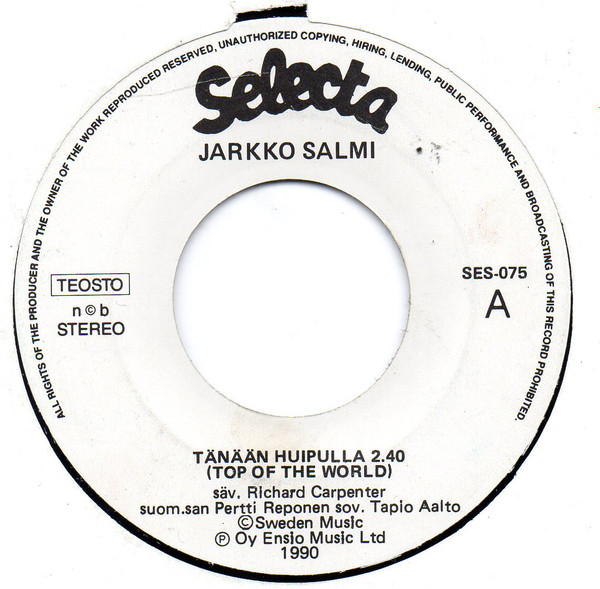 Jarkko Salmi – Tänään Huipulla / Maria-Isabel (1990, Vinyl) - Discogs