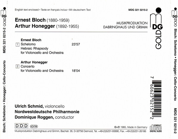baixar álbum Ernest Bloch Arthur Honegger, Ulrich Schmid , Nordwestdeutsche Philharmonie Dominique Roggen - Schelomo Concerto For Violoncello And Orchestra