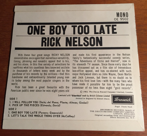 Album herunterladen Rick Nelson - One Boy Too Late