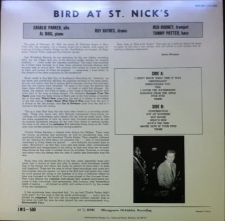 Charlie Parker – Bird At St. Nick's (1957, Vinyl) - Discogs