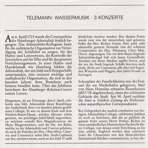 Album herunterladen Georg Philipp Telemann Musica Antiqua Köln, Reinhard Goebel - Wassermusik Water Music Musique Sur LEau 3 Konzerte Concertos