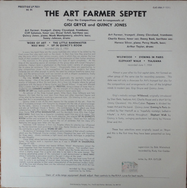 télécharger l'album The Art Farmer Septet - The Art Farmer Septet Plays The Arrangements Of Gigi Gryce And Quincy Jones