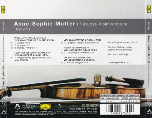 ladda ner album AnneSophie Mutter Beethoven Bruch Mendelssohn Mozart Tschaikowsky Berliner Philharmoniker Wiener Philharmoniker Herbert von Karajan - Virtuose Violinkonzerte