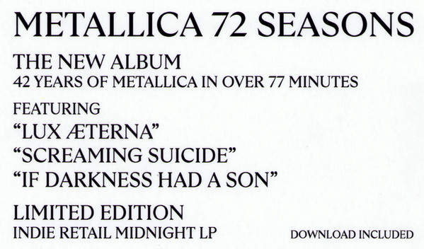 Metallica 72 Seasons Vinyl - Limited Edition Indie Retail Midnight Lp CD /  Vinyl