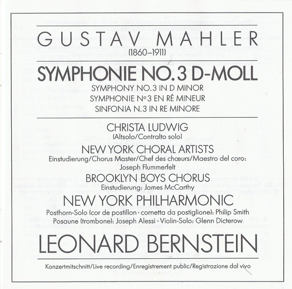 baixar álbum Mahler, New York Choral Artists, Brooklyn Boys Chorus, Christa Ludwig, New York Philharmonic, Leonard Bernstein - Symphonie No3