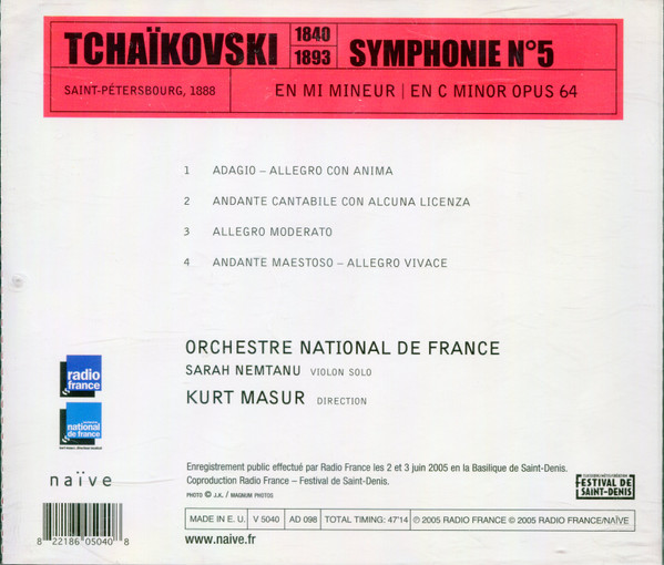 descargar álbum Tchaïkovski, Orchestre National De France, Kurt Masur - Symphonie N 5 En Mi Mineur