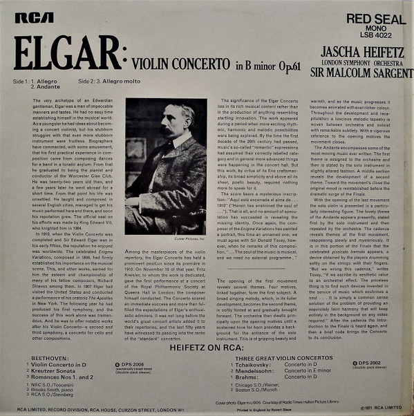 descargar álbum Elgar Jascha Heifetz, London Symphony Orchestra, Sir Malcolm Sargent - Violin Concerto In B Minor