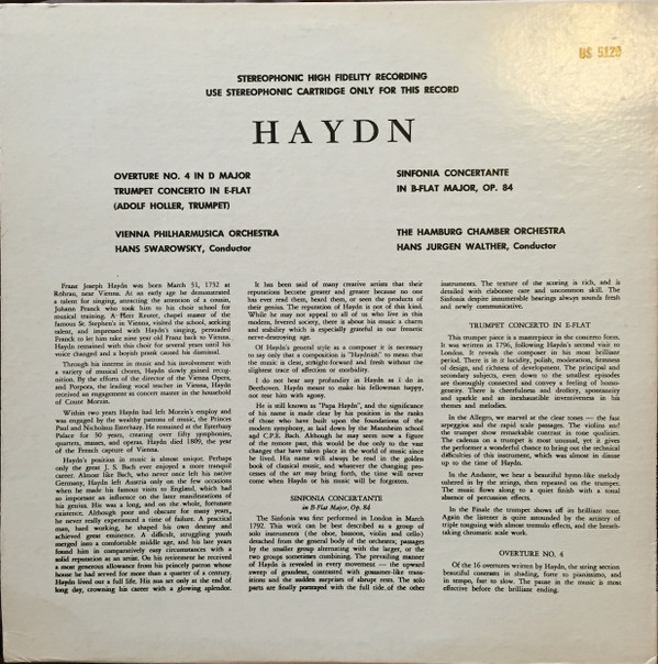 last ned album Haydn Hans Swarowsky Hans Jurgen Walther, Vienna Philharmusica Orchestra The Hamburg Chamber Orchestra - Sinfonia Concertante In B Flat Op 84
