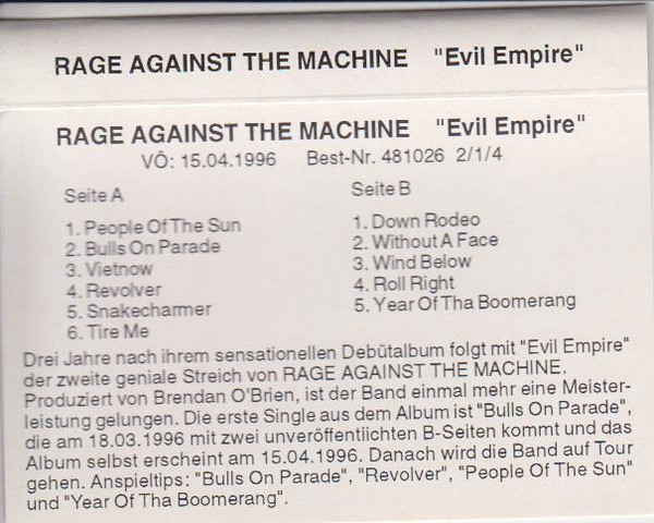 Rage Against The Machine – Evil Empire (1996, Cassette) - Discogs
