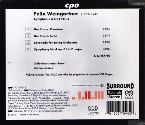 Album herunterladen Felix Weingartner, Sinfonieorchester Basel, Marko Letonja - Symphony 4 Der Sturm