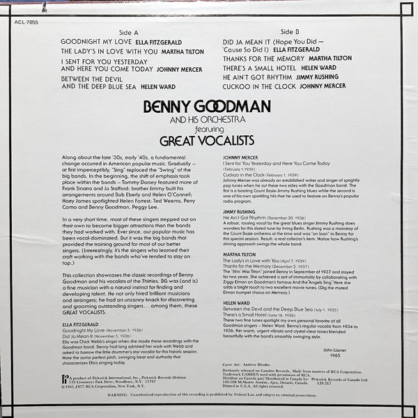 Benny Goodman And His Orchestra - Featuring Great Vocalists | Pickwick (ACL-7055) - 2