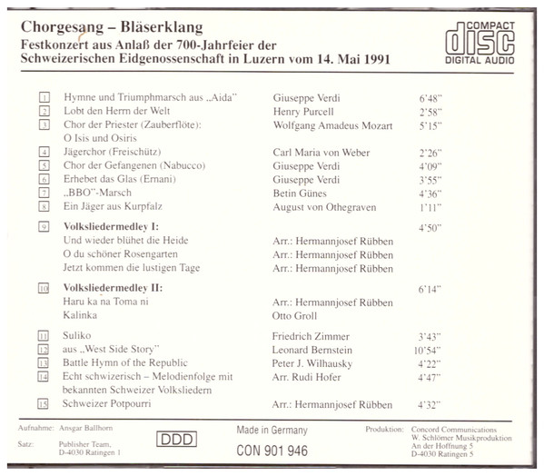 lataa albumi BayerBlasorchester Leverkusen, Männerchor Bayer Leverkusen - Chorgesang Bläserklang Festkonzert Aus Anlaß Der 700 Jahrfeier Der Schweizerischen Eidgenossenschaft In Luzern Am 14 Mai 1991