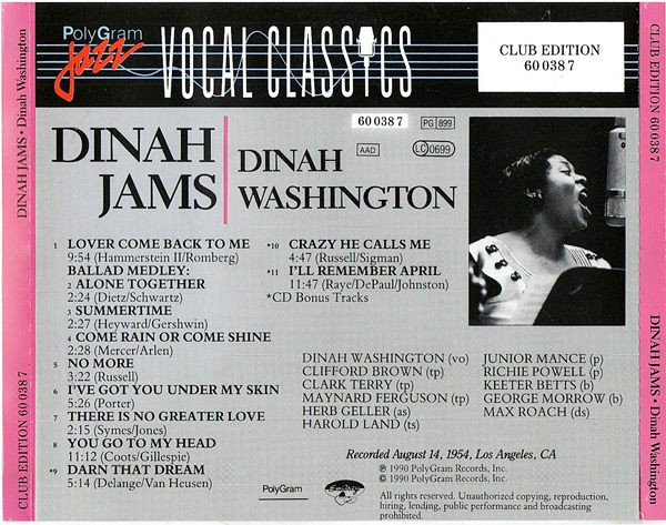 Dinah Washington – Dinah Jams (1990, CD) - Discogs