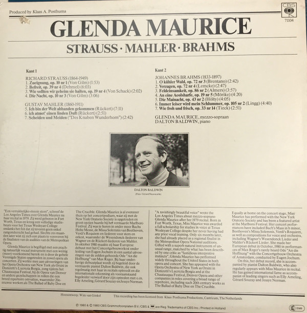 last ned album Glenda Maurice, Richard Strauss, Gustav Mahler, Johannes Brahms, Dalton Baldwin - Liederen Van Rachard Strauss Gustav Mahler Johannes Brahms