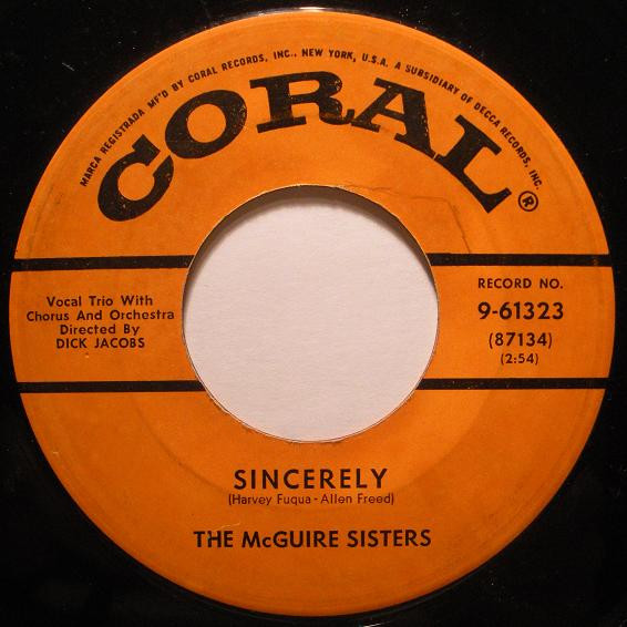 The McGuire Sisters – Sincerely (1954, Gloversville Pressing