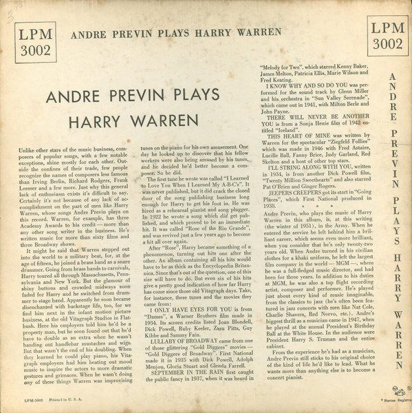 télécharger l'album André Previn - André Previn Plays Harry Warren