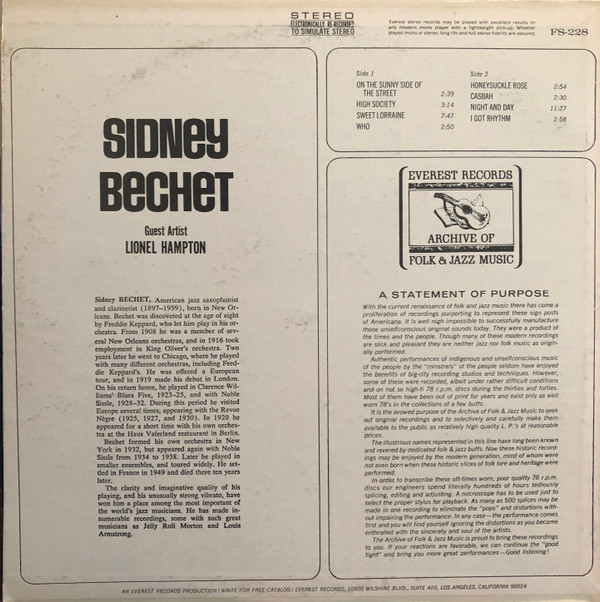 Sidney Bechet Guest Artist Lionel Hampton - Sidney Bechet | Everest Records Archive Of Folk & Jazz Music (FS-228) - 2