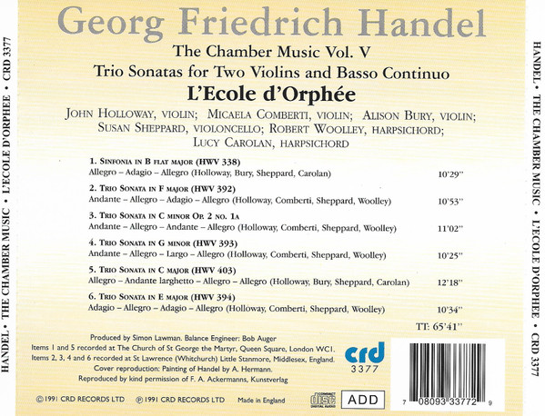 Album herunterladen Georg Friedrich Händel, L'École D'Orphée - The Chamber Music Vol V The Trio Sonatas For Two Violins And Basso Continuo